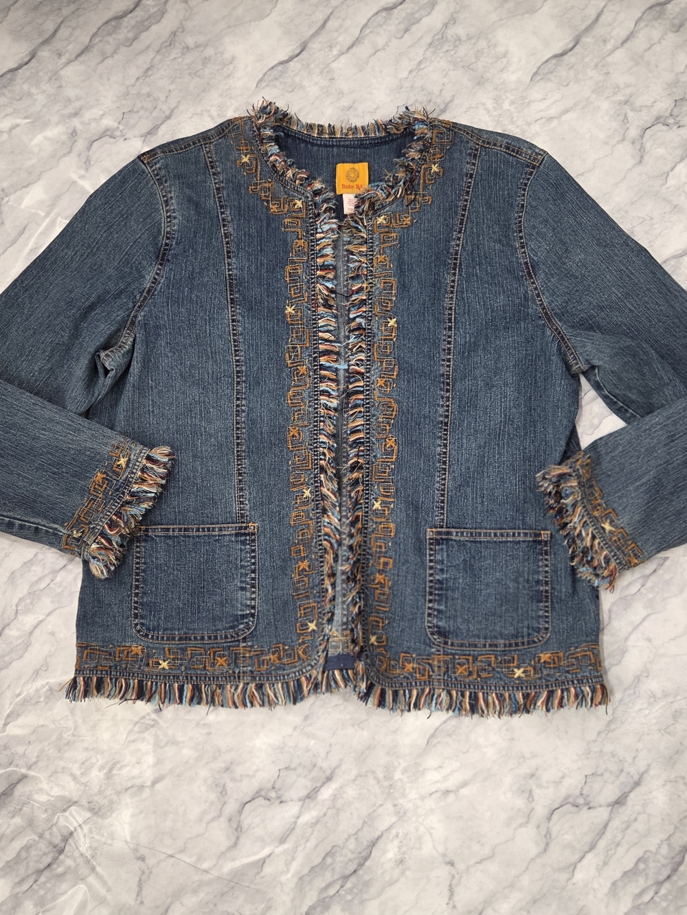 Vintage Embroidered Fringe Frayed Denim Jacket Boho Western Southwest Cowgirl 14